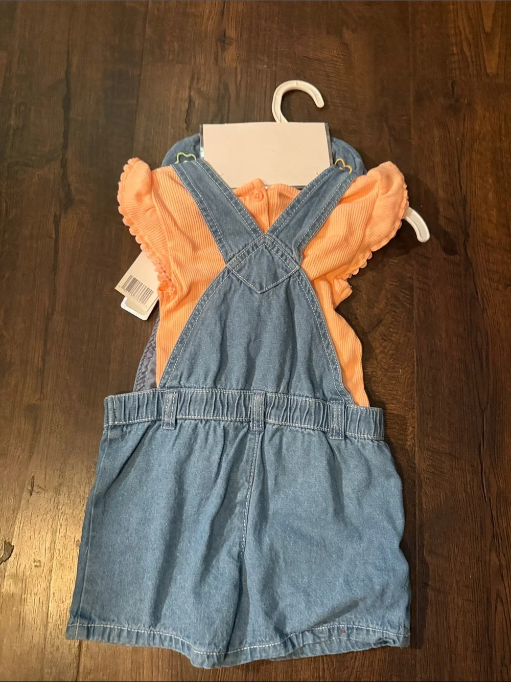 Little Lass Blue Denim Floral Overall Dress with Peach Top & Blue Bucket Hat